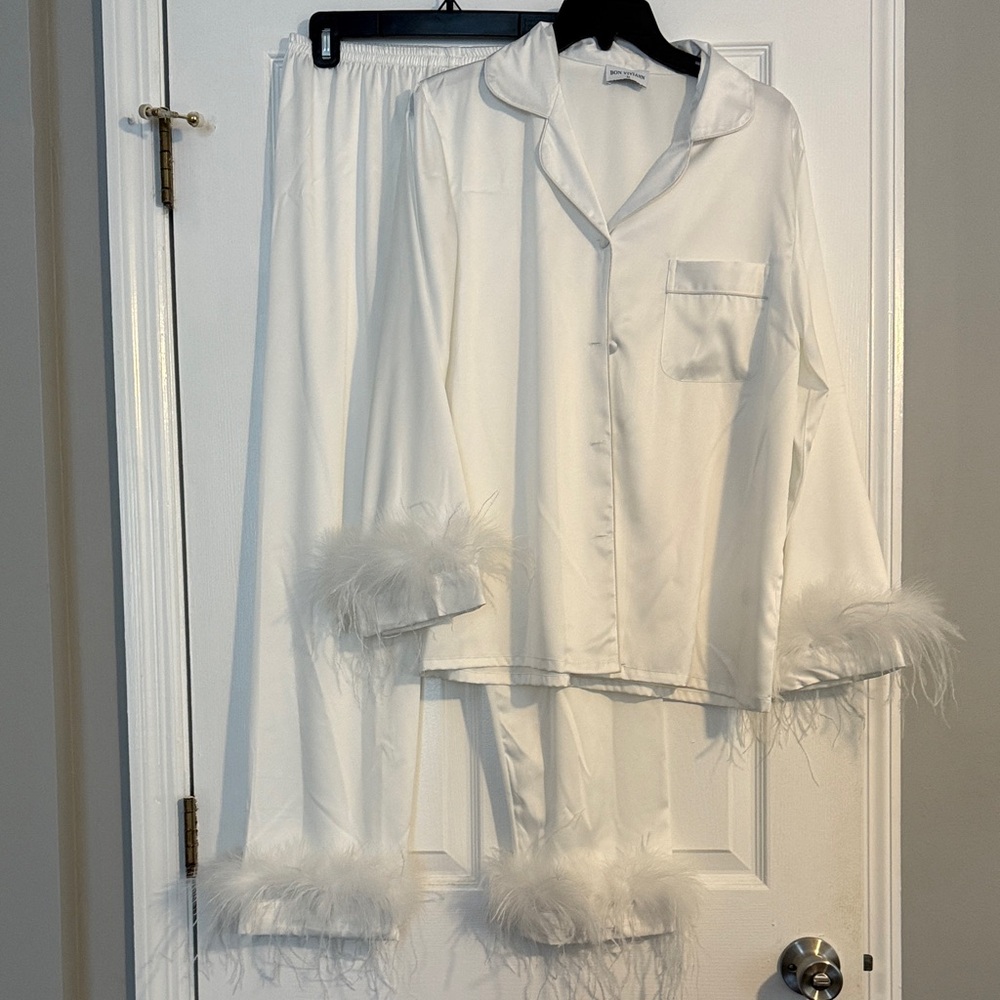 Elegant White Feather Trim Wedding Pajama Set